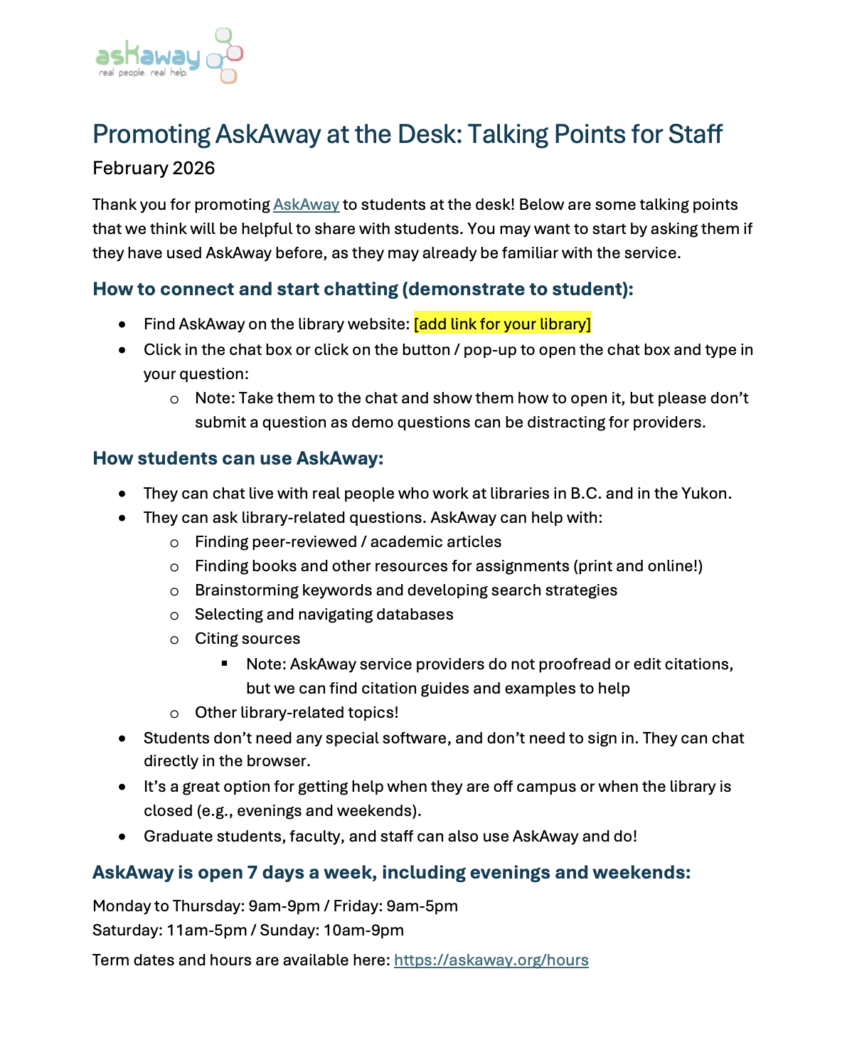Screenshot of a Word document about promoting AskAway at the desk